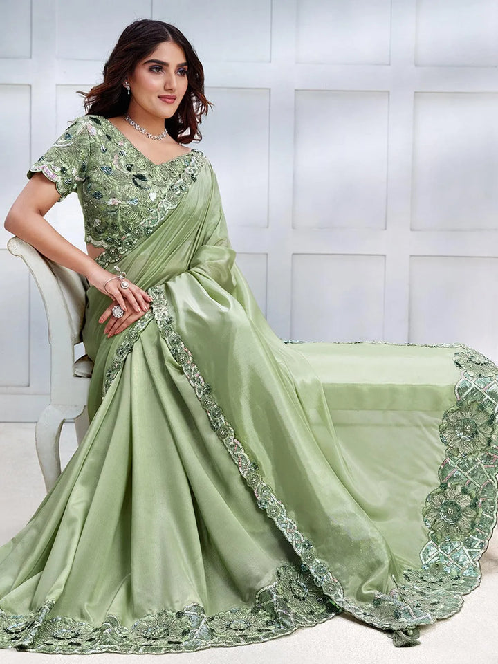 Pista Green Color Art Silk White Embroidered and Stone Work Saree - VJV Now