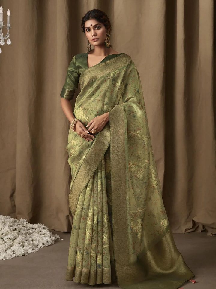 Pista Green Digital Printed Zari Work Banarasi Saree - VJV Now