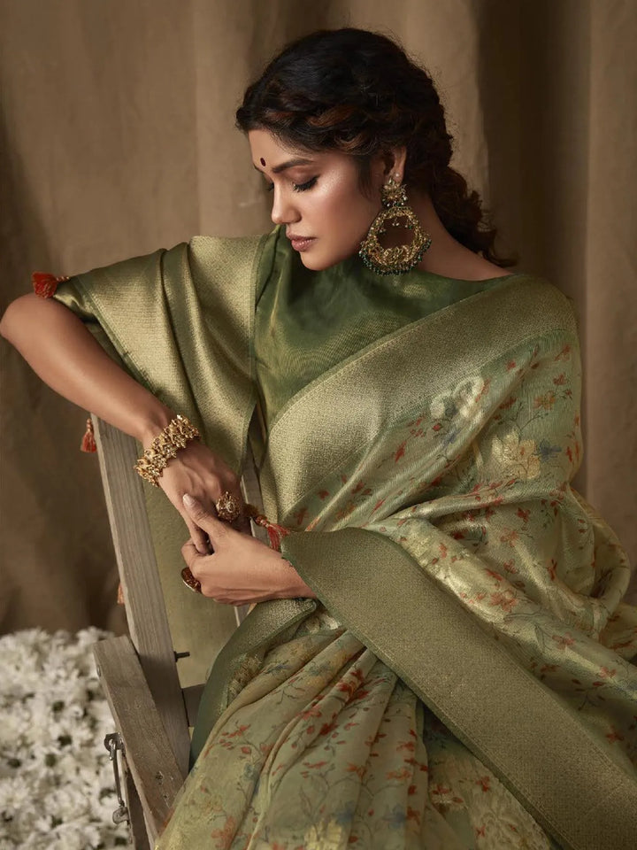 Pista Green Digital Printed Zari Work Banarasi Saree - VJV Now