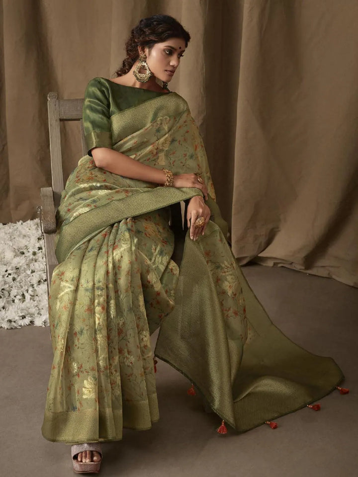 Pista Green Digital Printed Zari Work Banarasi Saree - VJV Now