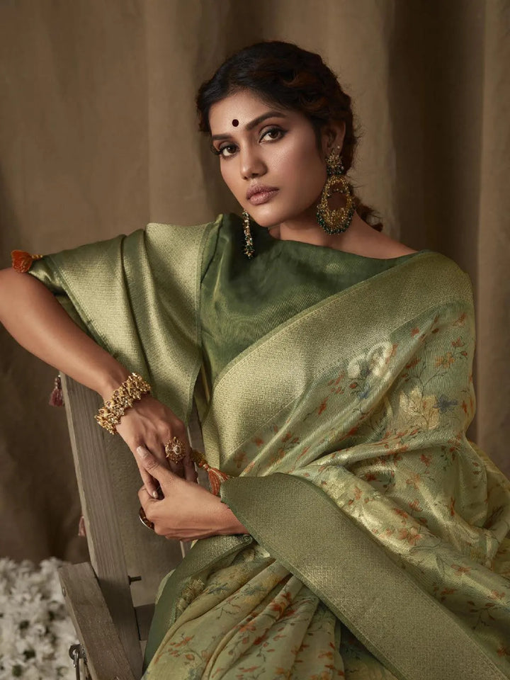 Pista Green Digital Printed Zari Work Banarasi Saree - VJV Now