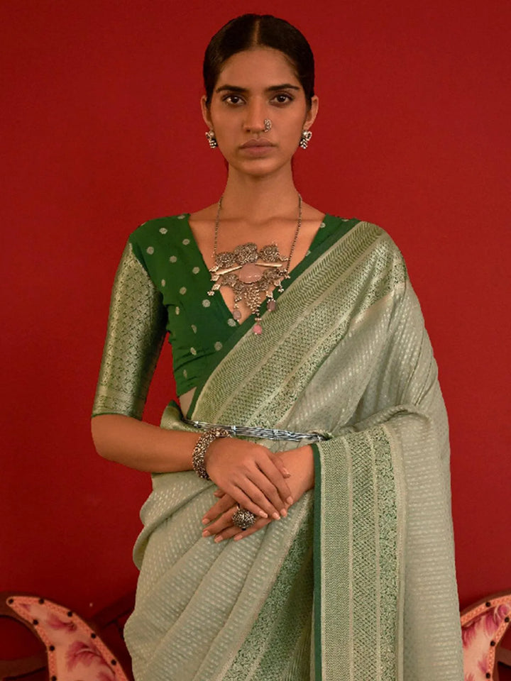 Pista Green Woven Banarasi Silk Saree - VJV Now