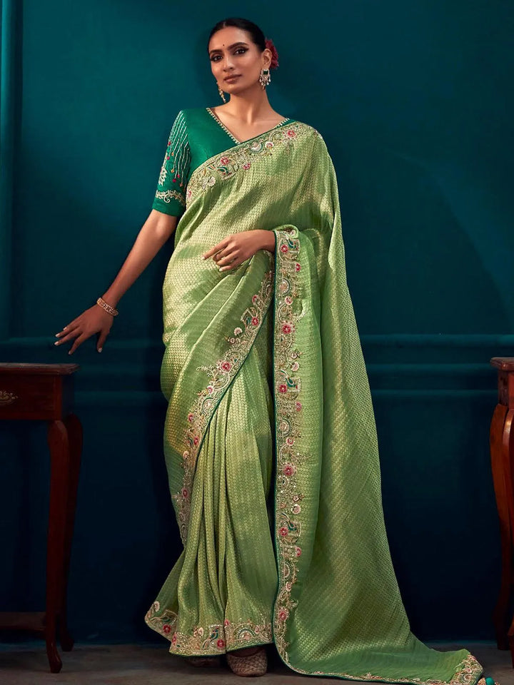 Pista Green Woven Banarasi Soft Silk Designer Saree Party Wear - VJV Now