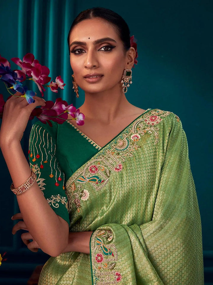 Pista Green Woven Banarasi Soft Silk Designer Saree Party Wear - VJV Now