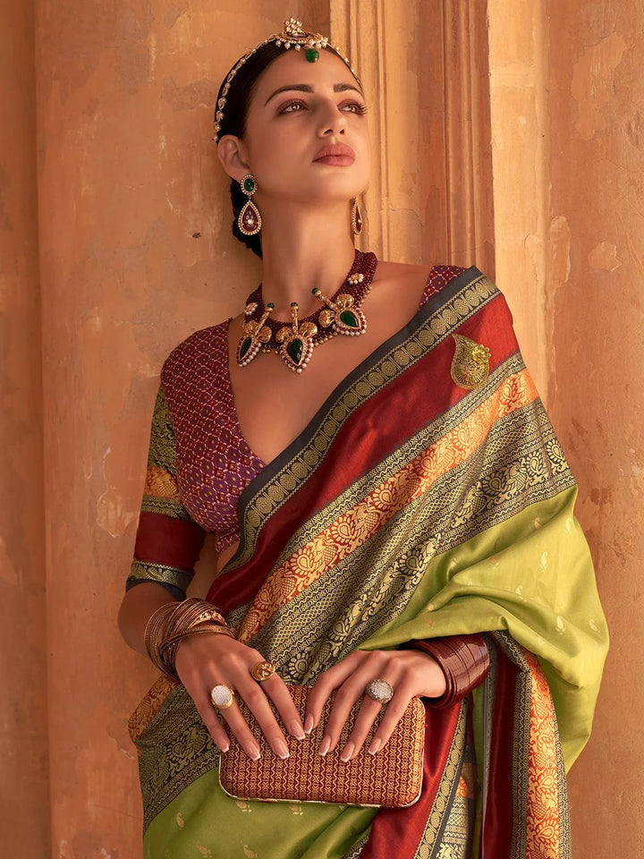 Pista Green Woven Design Patola Soft Silk Saree - VJV Now