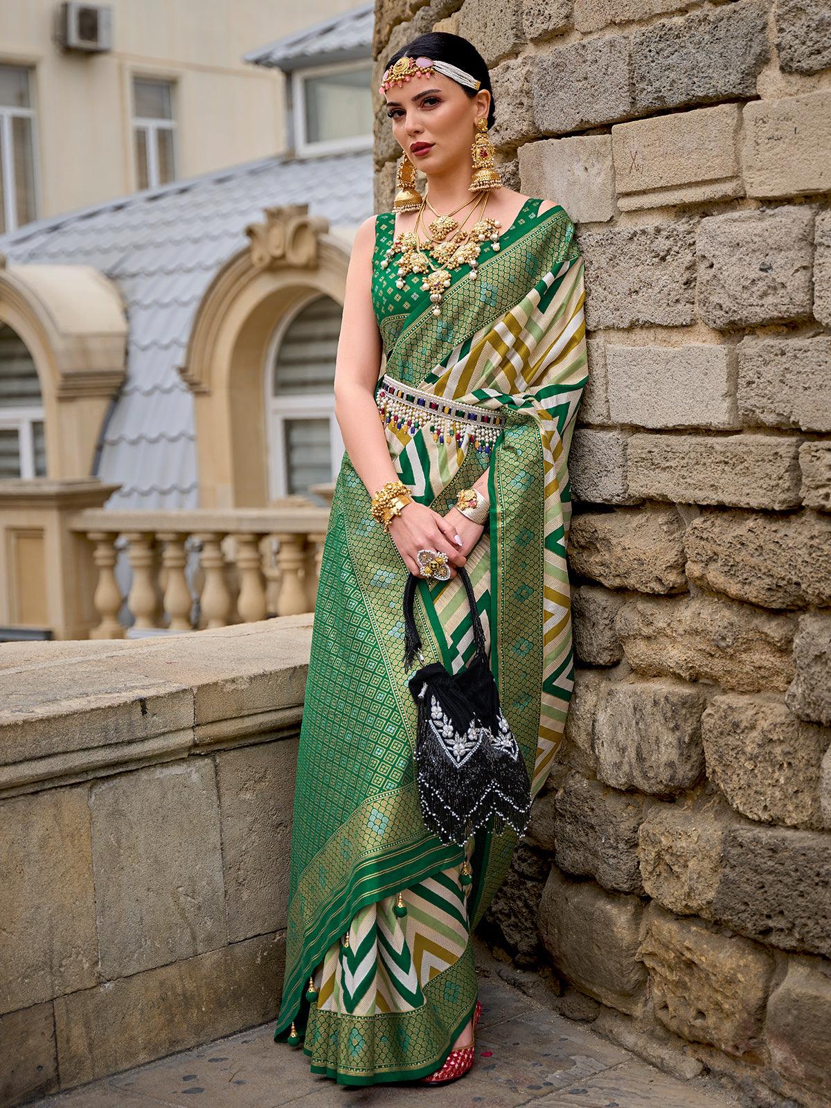 Kanchipuram Silk Geometric Brocade Pista Green Saree | Kankatala