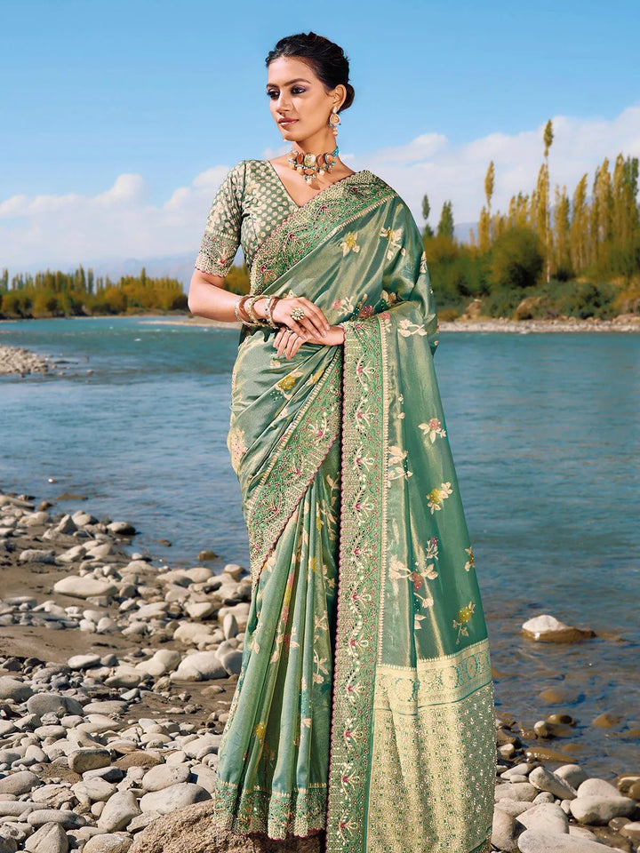 Pista Green Zari Stone Work Banarasi silk Saree - VJV Now