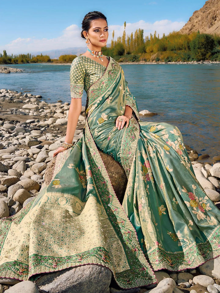 Pista Green Zari Stone Work Banarasi silk Saree - VJV Now