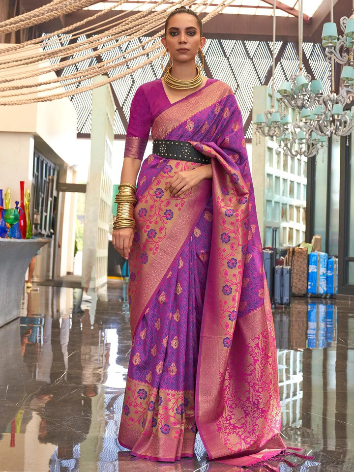 Purple And Pink Handloom Banarasi Silk Saree - VJV Now