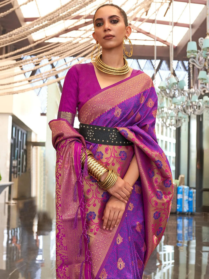 Purple And Pink Handloom Banarasi Silk Saree - VJV Now