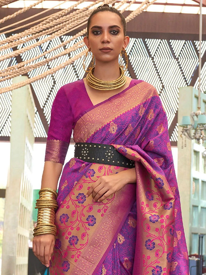 Purple And Pink Handloom Banarasi Silk Saree - VJV Now