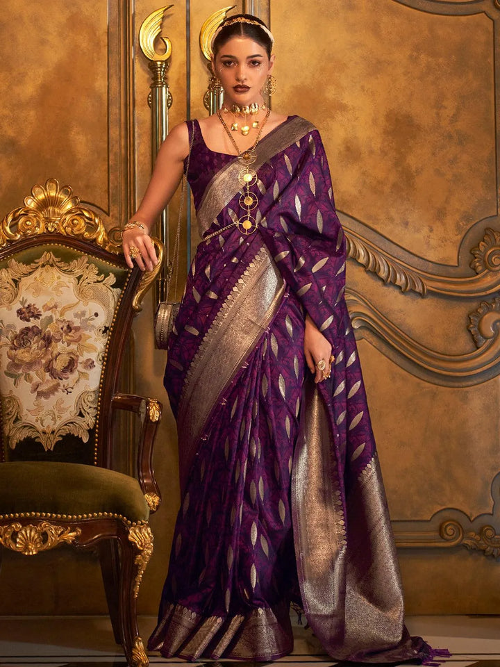 Purple Banarasi Satin Zari Work Saree - VJV Now