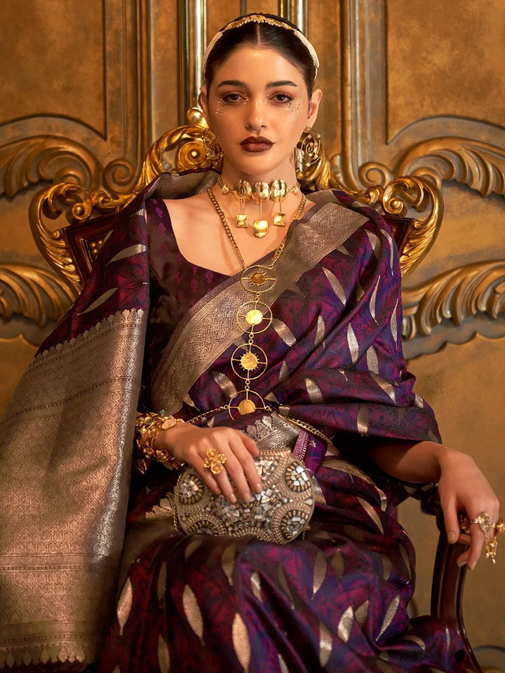 Purple Banarasi Satin Zari Work Saree - VJV Now