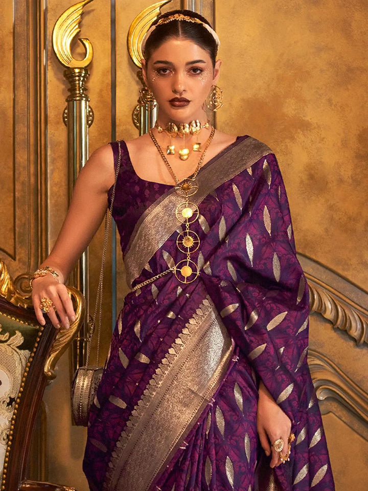 Purple Banarasi Satin Zari Work Saree - VJV Now