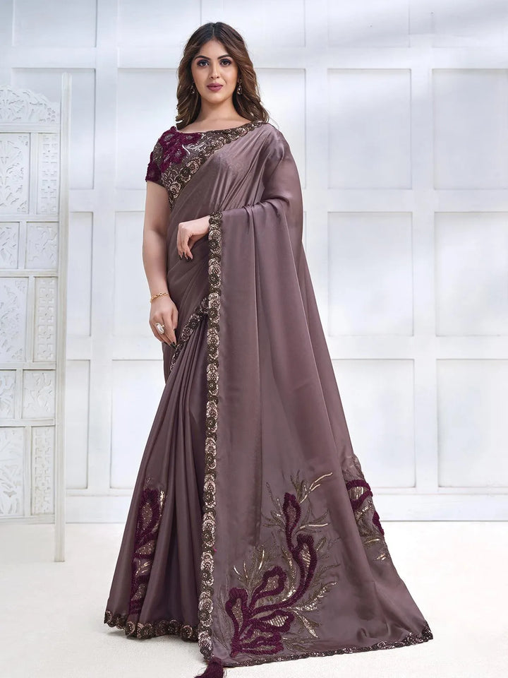 Purple Color Art Silk White Embroidered and Stone Work Saree - VJV Now