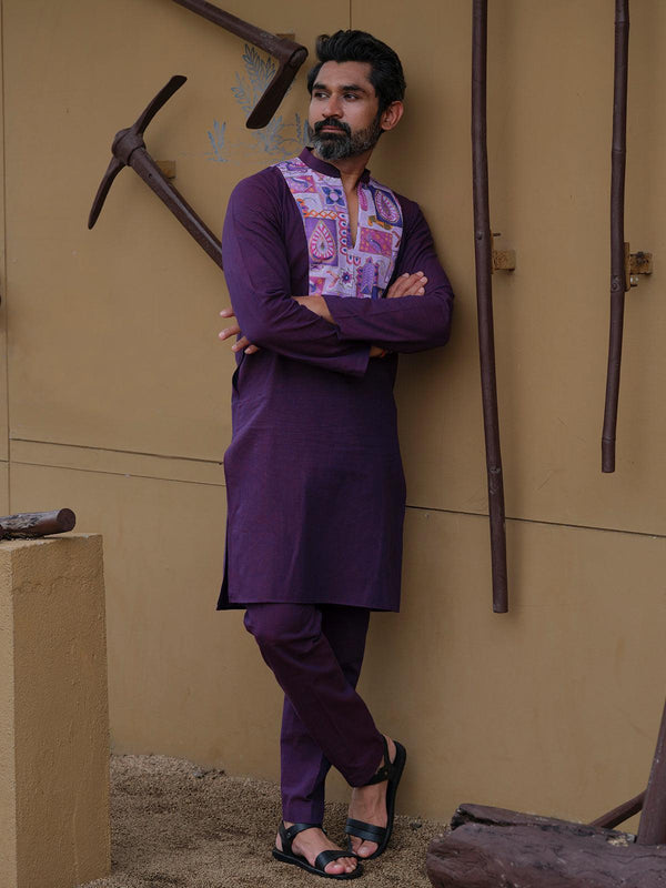 Purple Color Cotton fabric Digital Printed Embroidery work kurta Set for men - VJV Now