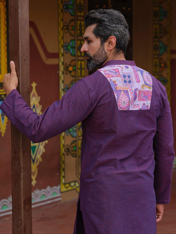 Purple Color Cotton fabric Digital Printed Embroidery work kurta Set for men - VJV Now