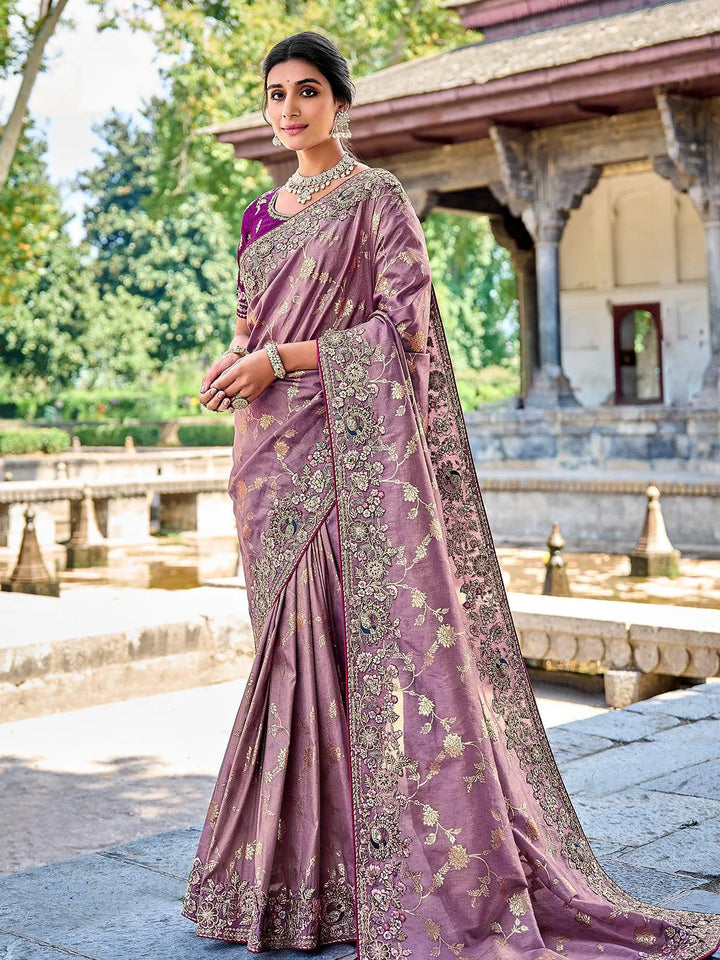 Purple Color Embroidered Banarasi Silk Saree - VJV Now