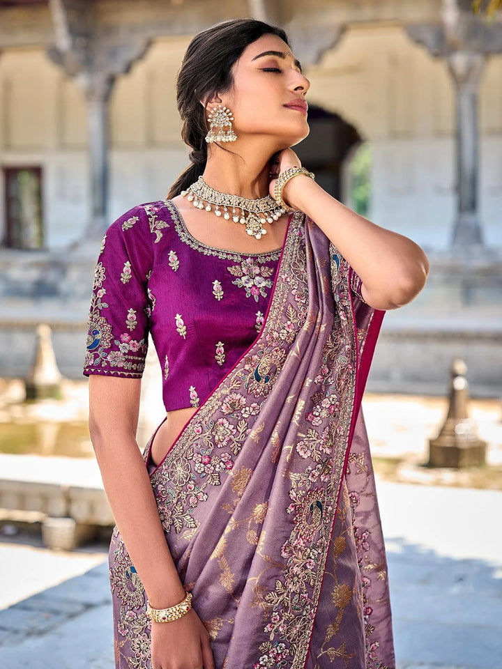 Purple Color Embroidered Banarasi Silk Saree - VJV Now