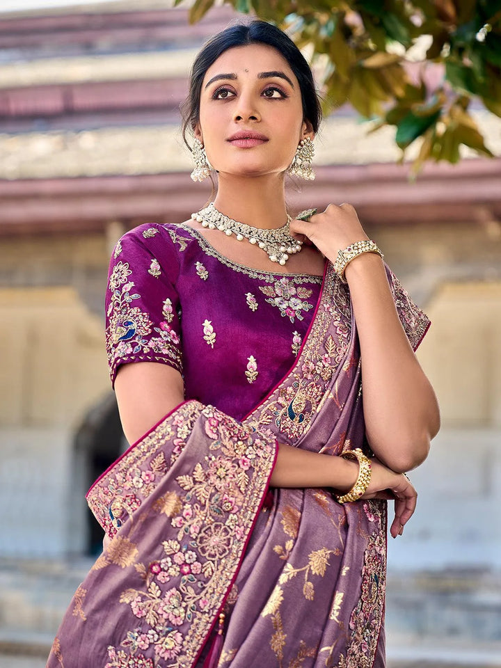 Purple Color Embroidered Banarasi Silk Saree - VJV Now