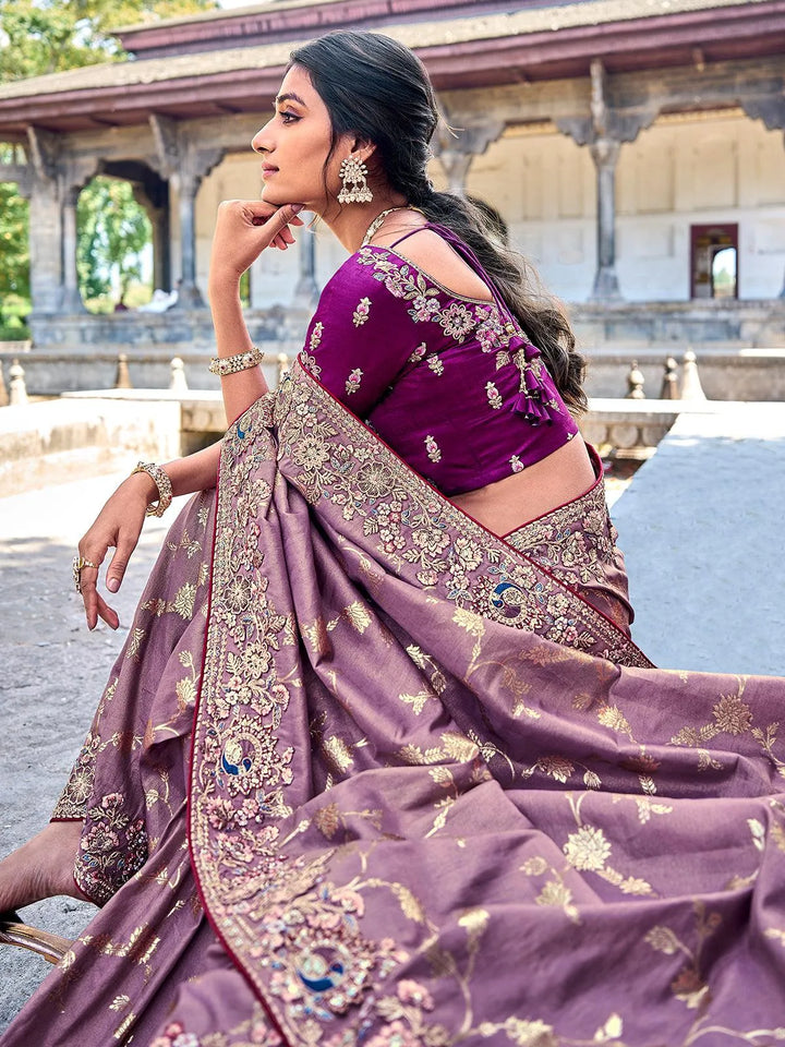 Purple Color Embroidered Banarasi Silk Saree - VJV Now