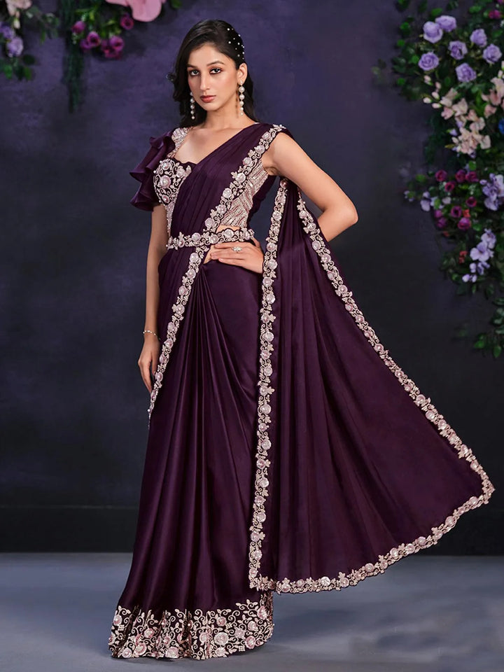 Purple Crape Satin Silk Embroidered Ready to Wear Saree - VJV Now