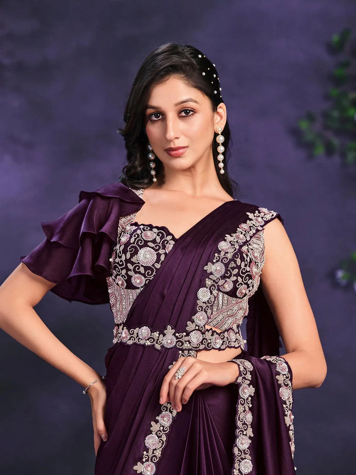 Purple Crape Satin Silk Embroidered Ready to Wear Saree - VJV Now