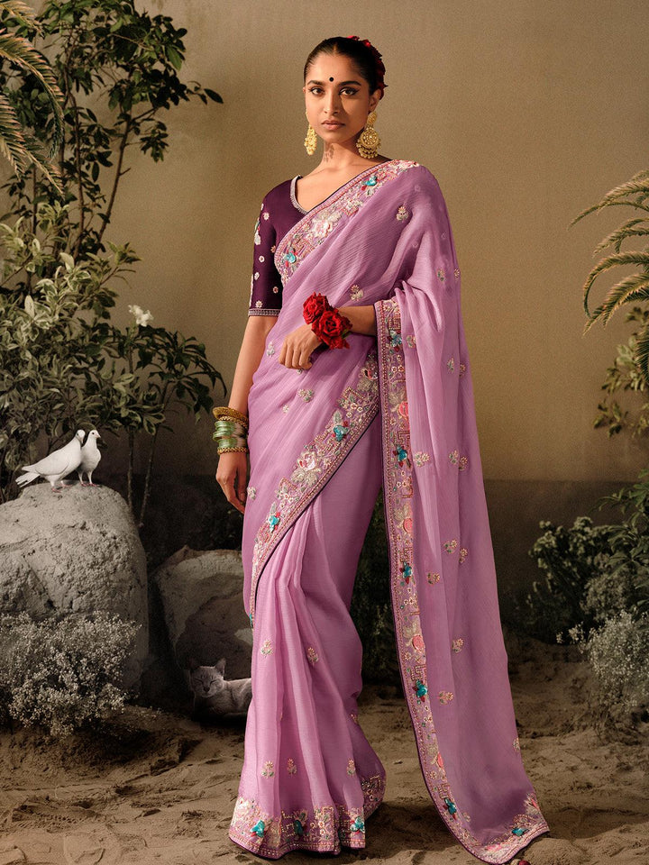 Purple Dola Silk Embroidered Hand Work Saree Party Wear - VJV Now