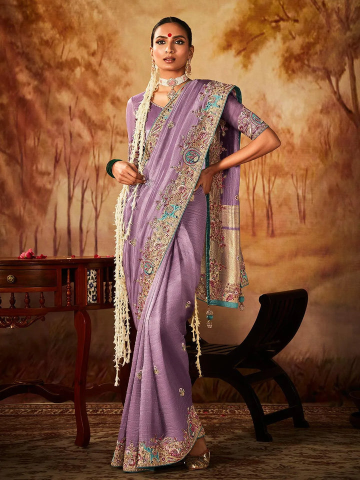 Purple Embroidered Work Silk Saree - VJV Now