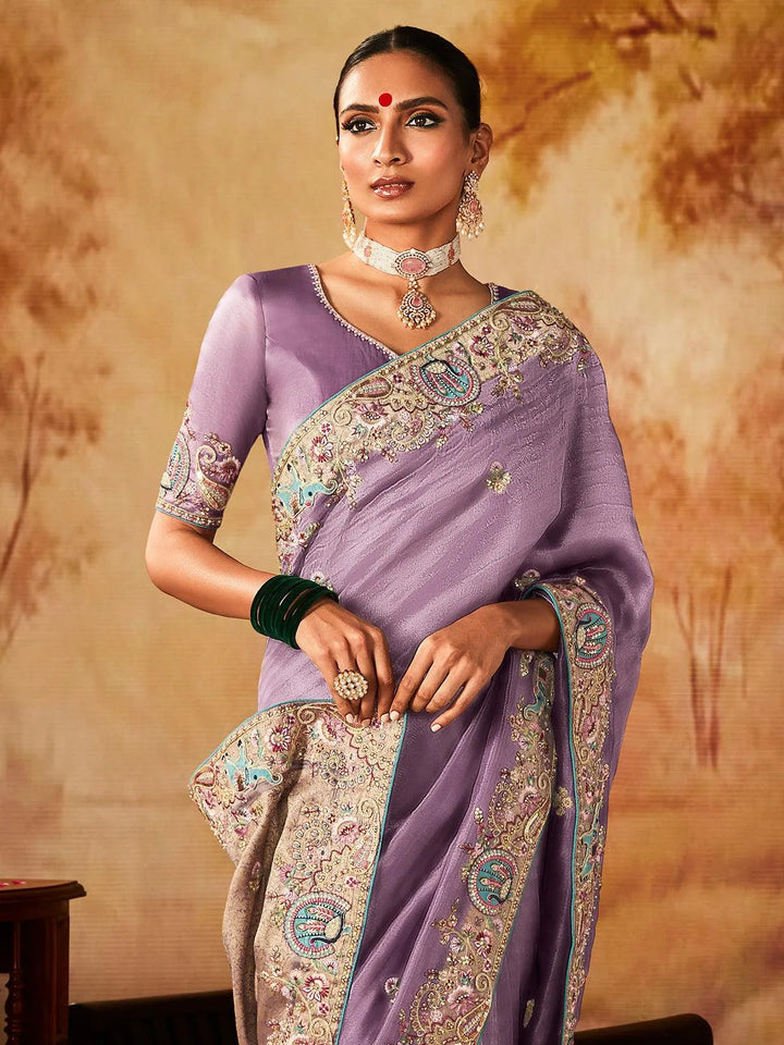 Purple Embroidered Work Silk Saree - VJV Now