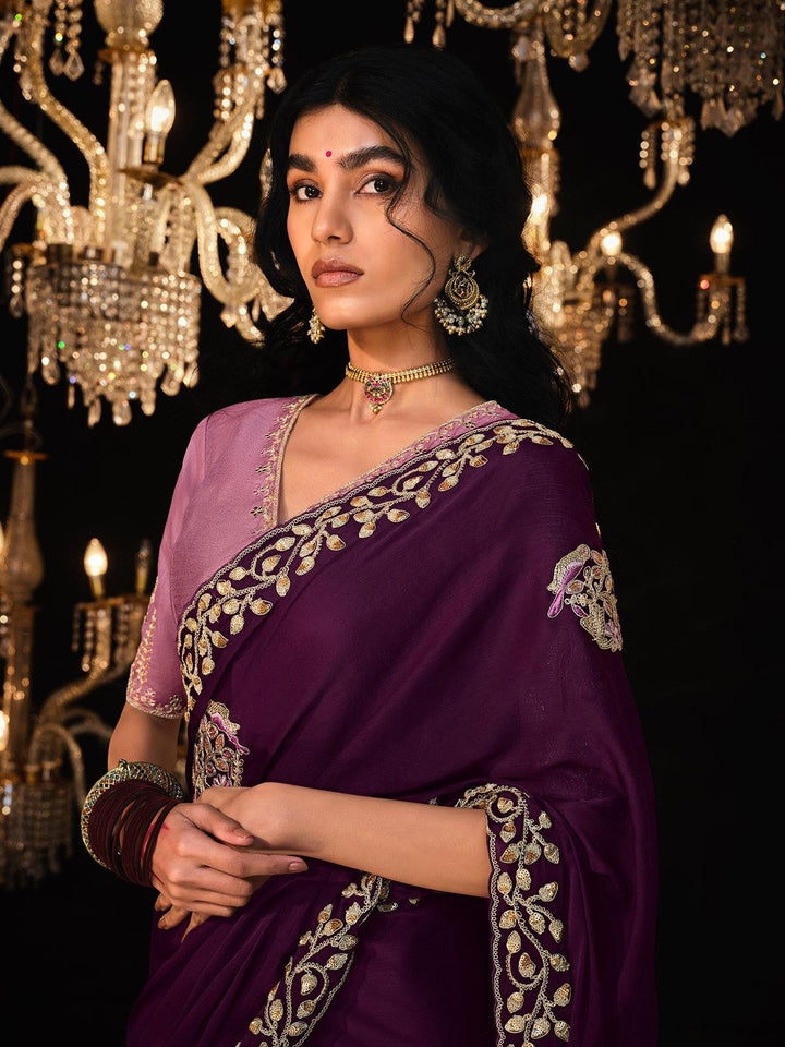 Purple Fancy Classic Saree with Ethnic Embroidery and Sequins Work - VJV Now