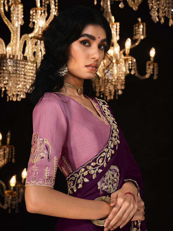 Purple Fancy Classic Saree with Ethnic Embroidery and Sequins Work - VJV Now