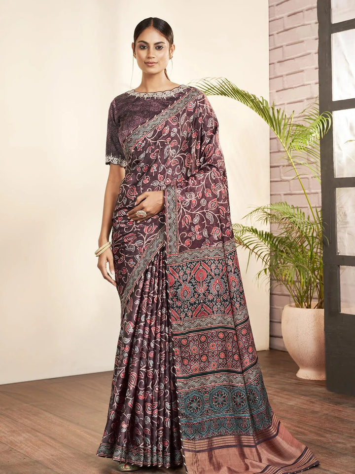 Purple Floral Printed Classic Silk Saree - VJV Now