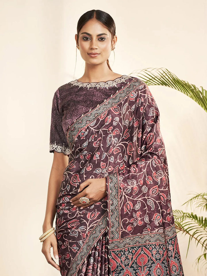 Purple Floral Printed Classic Silk Saree - VJV Now