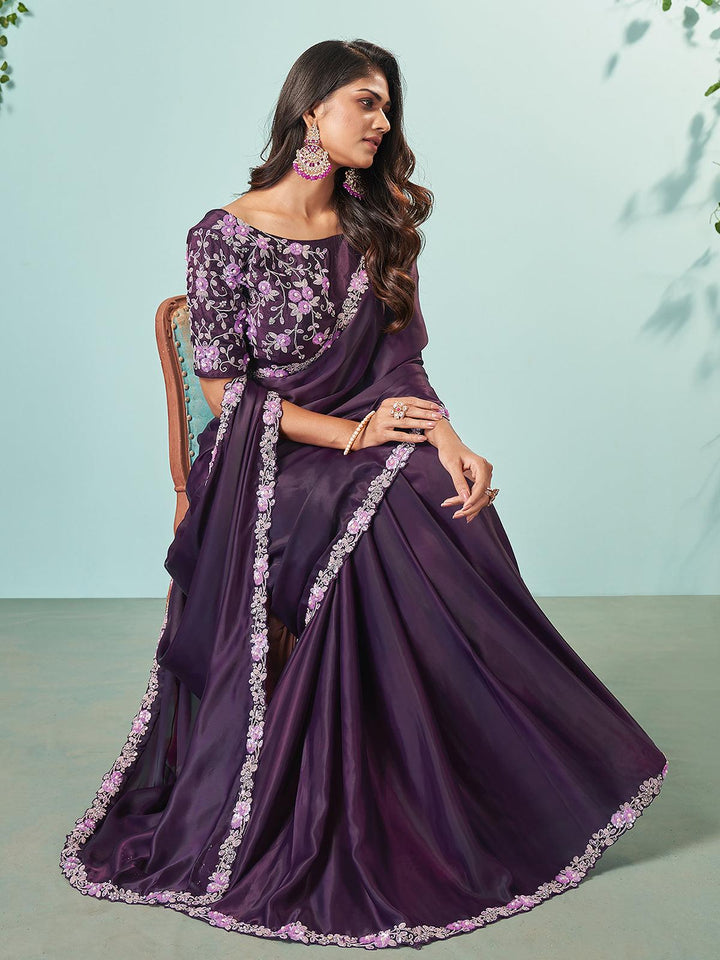 Purple Lace Embroidered Pleated Satin Silk Saree - VJV Now