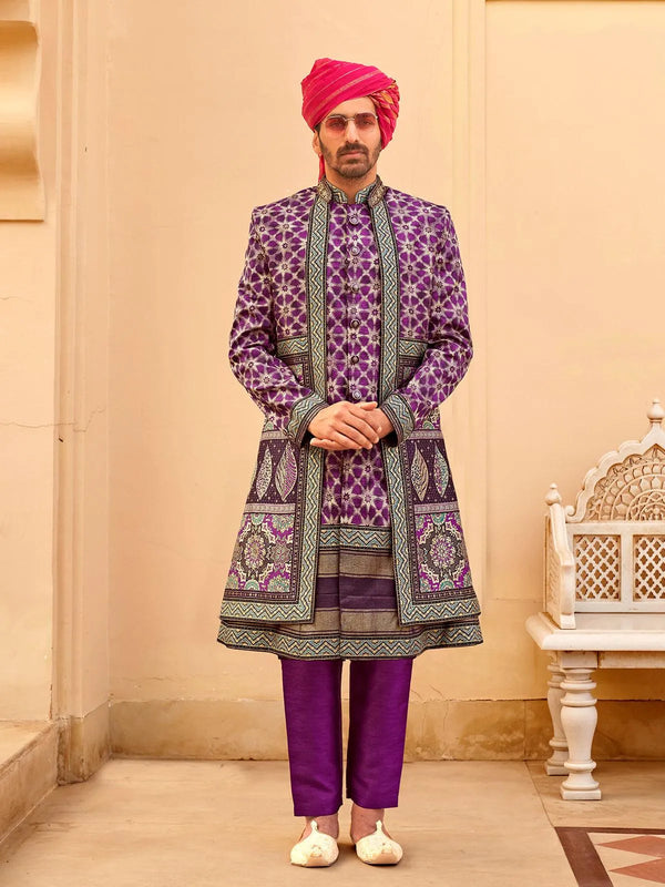 Purple Men's Indo-wester Sherwani Set Koti with For Weeding - VJV Now