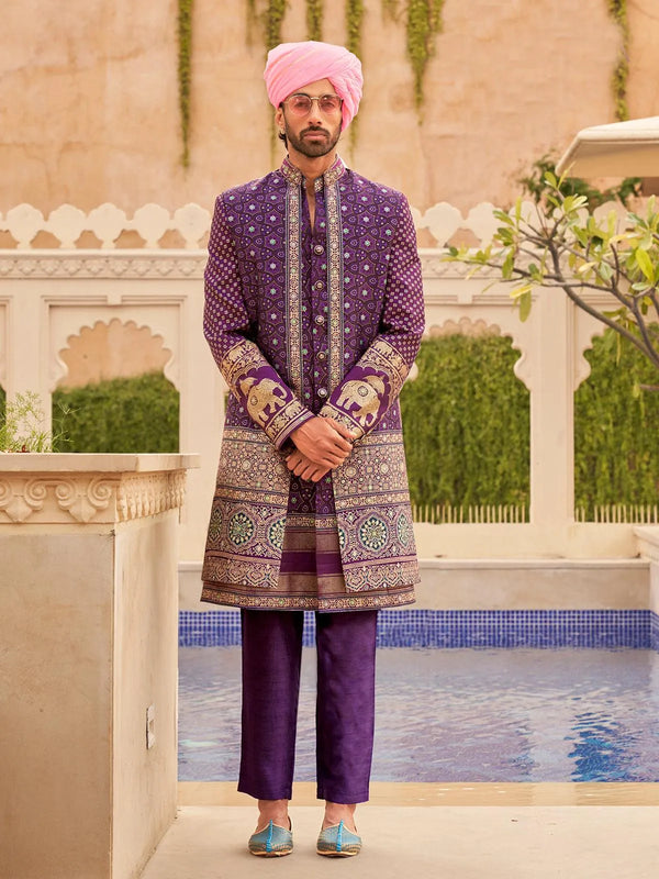 Purple Men's Indo-wester Silk Sherwani Set With Koti For Weeding - VJV Now