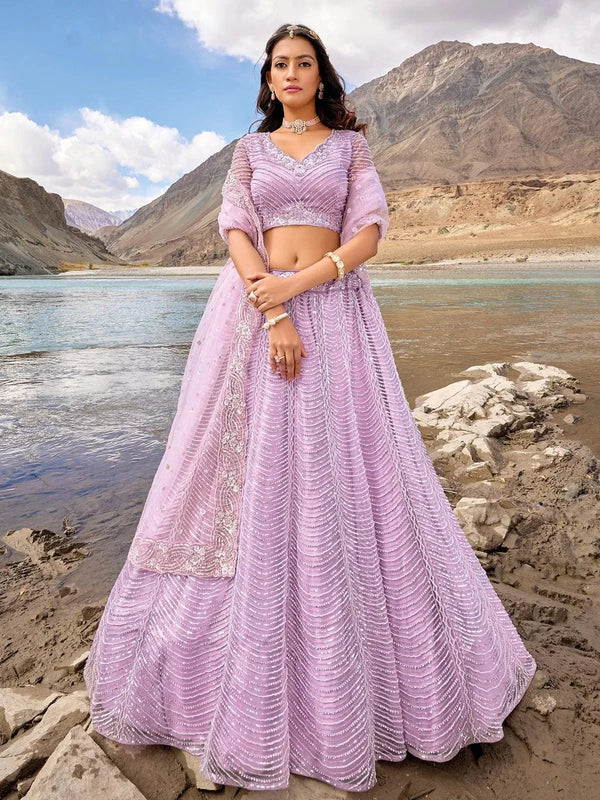 Purple Net Embroidered and Sequins Work Umberalla Lehenga Choli Designer Wear - VJV Now