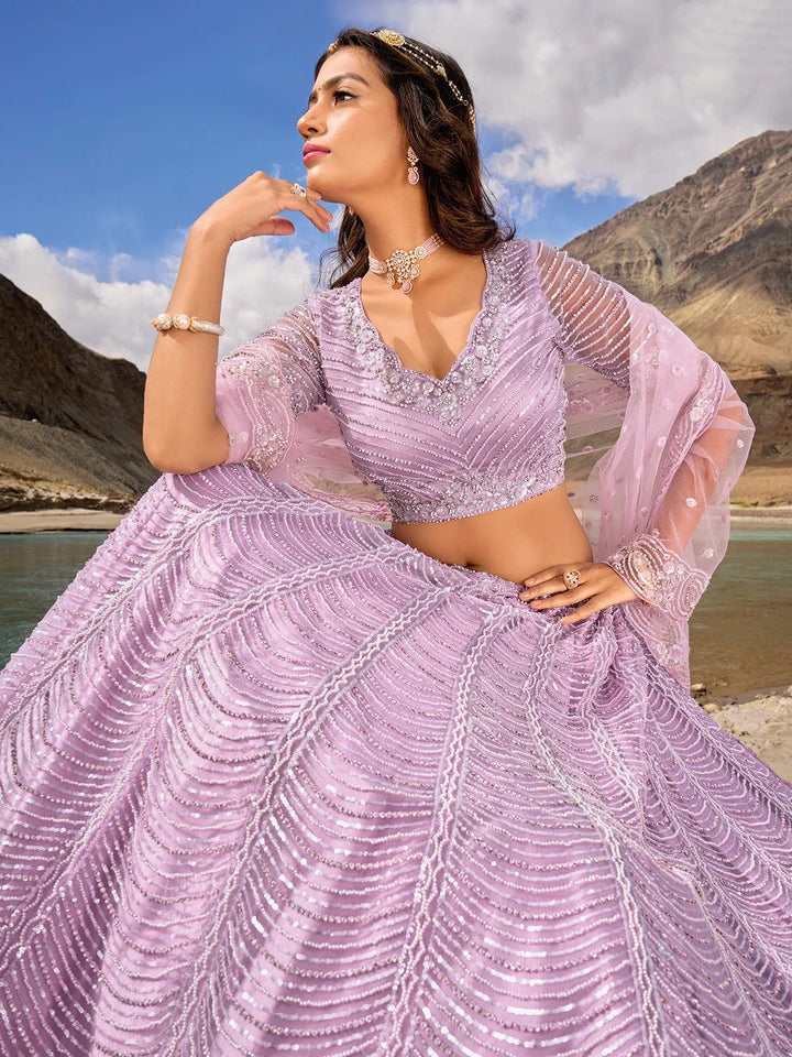 Purple Net Embroidered and Sequins Work Umberalla Lehenga Choli Designer Wear - VJV Now