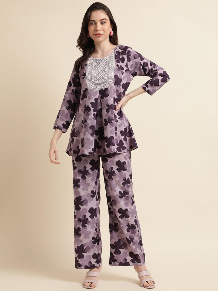 Purple Poly Crepe Digital Printed Top with Matching Bottom - VJV Now