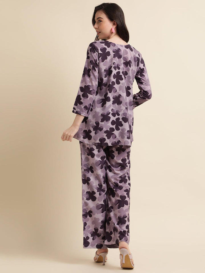 Purple Poly Crepe Digital Printed Top with Matching Bottom - VJV Now