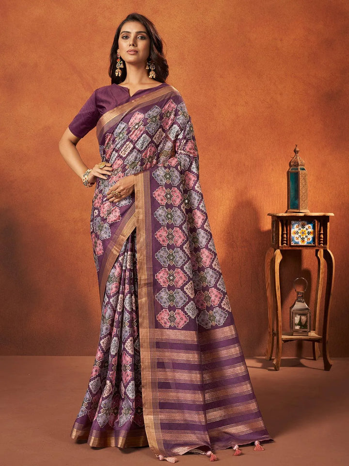 Purple Printed Work Crepe Soft Silk Saree - VJV Now