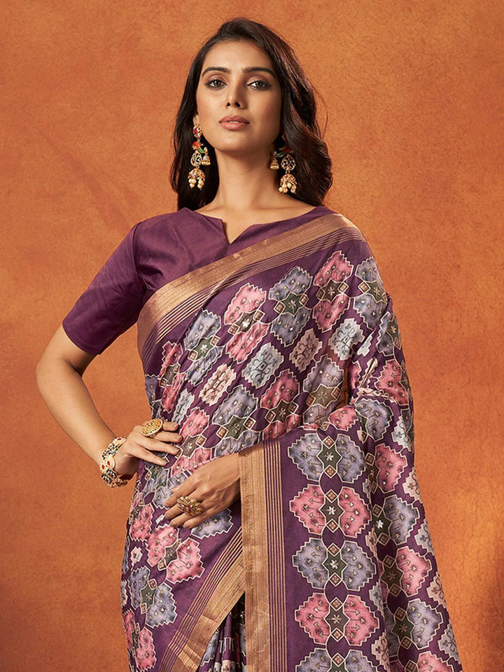 Purple Printed Work Crepe Soft Silk Saree - VJV Now