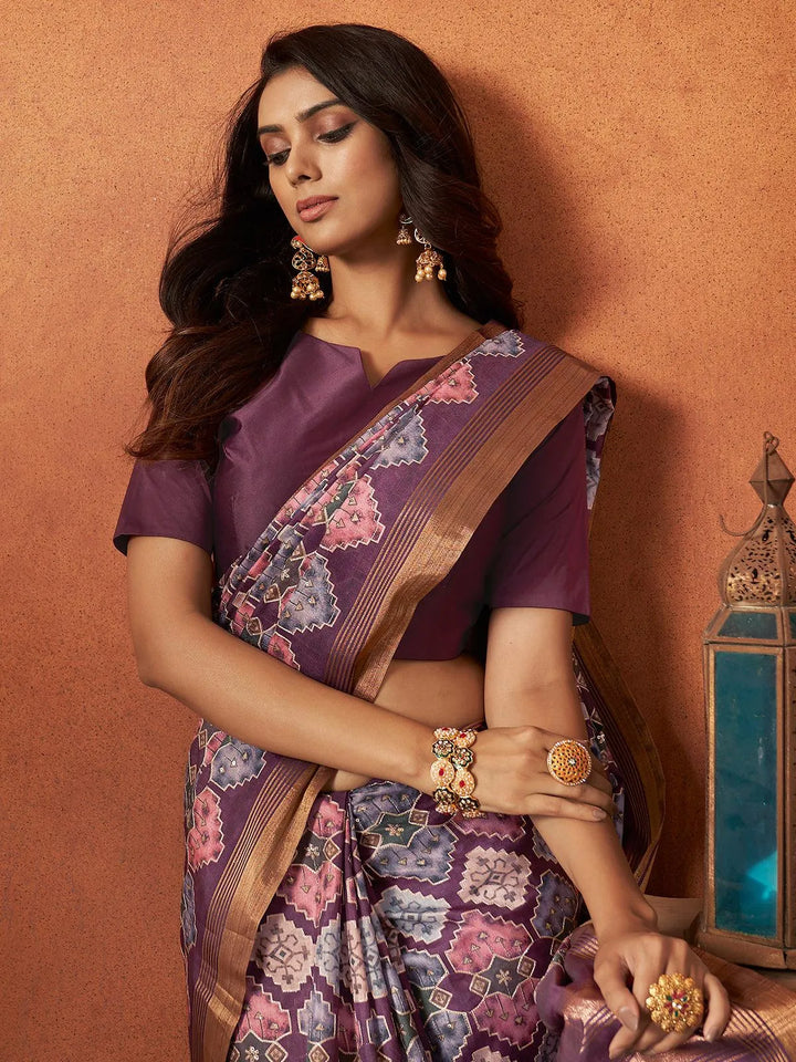 Purple Printed Work Crepe Soft Silk Saree - VJV Now