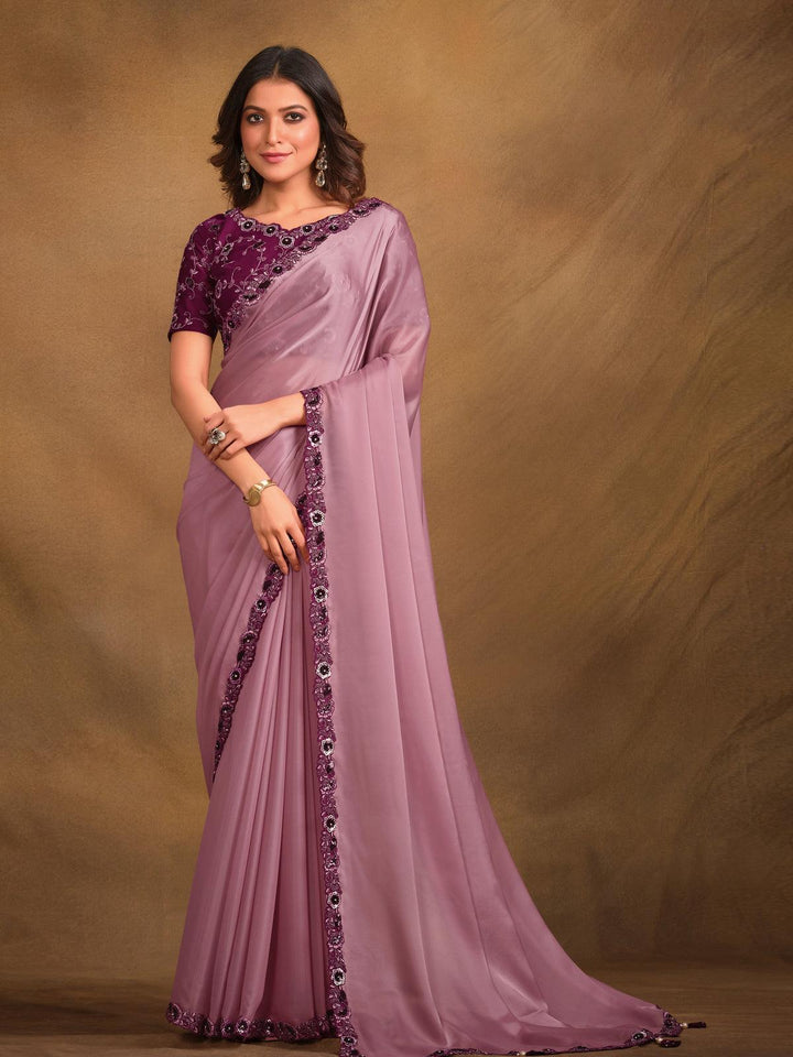 Purple Satin Silk Georgette Embroidered Work Saree - VJV Now