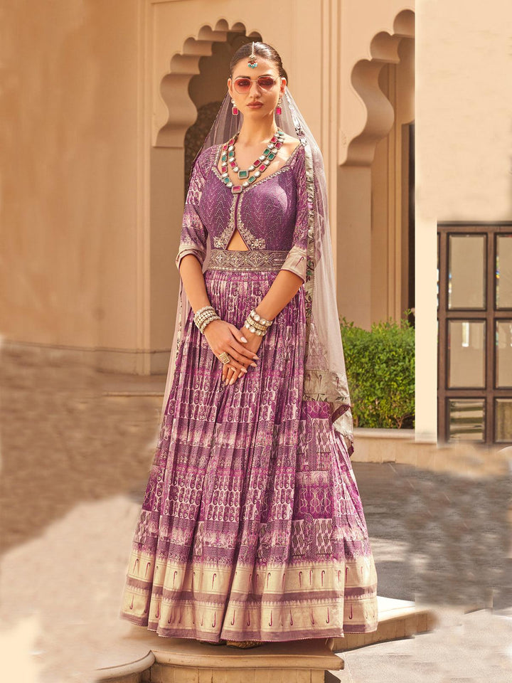 Purple Silk Lehenga Style Gown choli Set With Net Dupatta & Embroidered Work - VJV Now