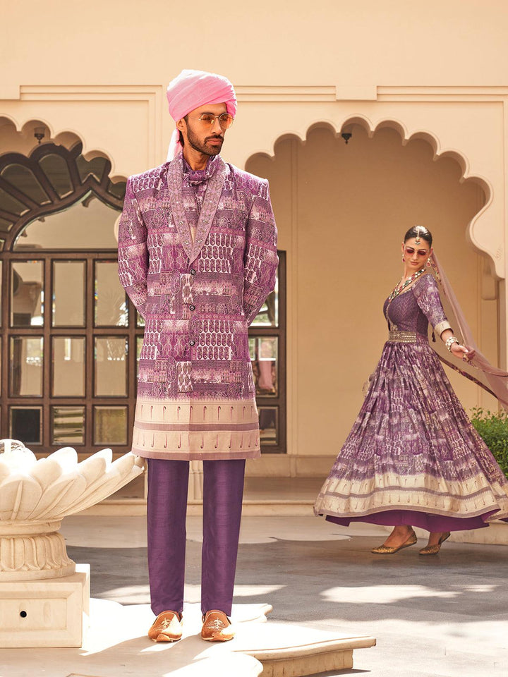 Purple Silk Lehenga Style Gown choli Set With Net Dupatta & Embroidered Work - VJV Now