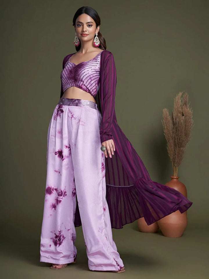 Purple Silk Traditional Indian Ethnic Koti Style Palazzo Crop Top Set - VJV Now