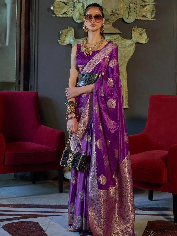 Purple Woven Banarasi Silk Saree - VJV Now