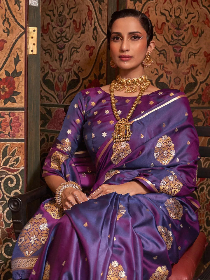 Purple Zari Woven Satin Silk Saree - VJV Now